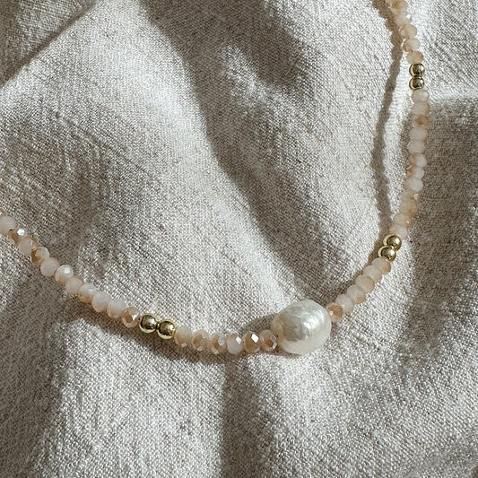 Beige Bead Necklace with Fresh Water Pearl