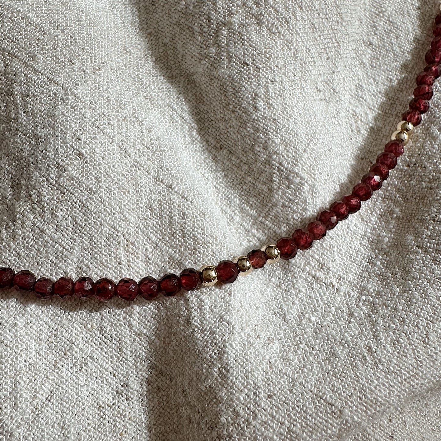 Bead Garnet Necklace with Triple Gold Beads